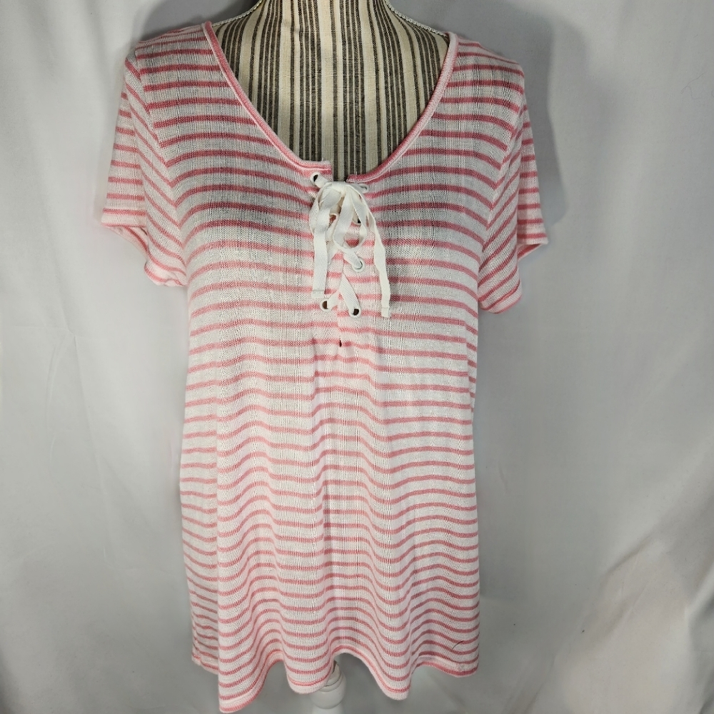 Freshman NWT Pink & White Striped Lightweight Short Sleeve Sweater Size Large